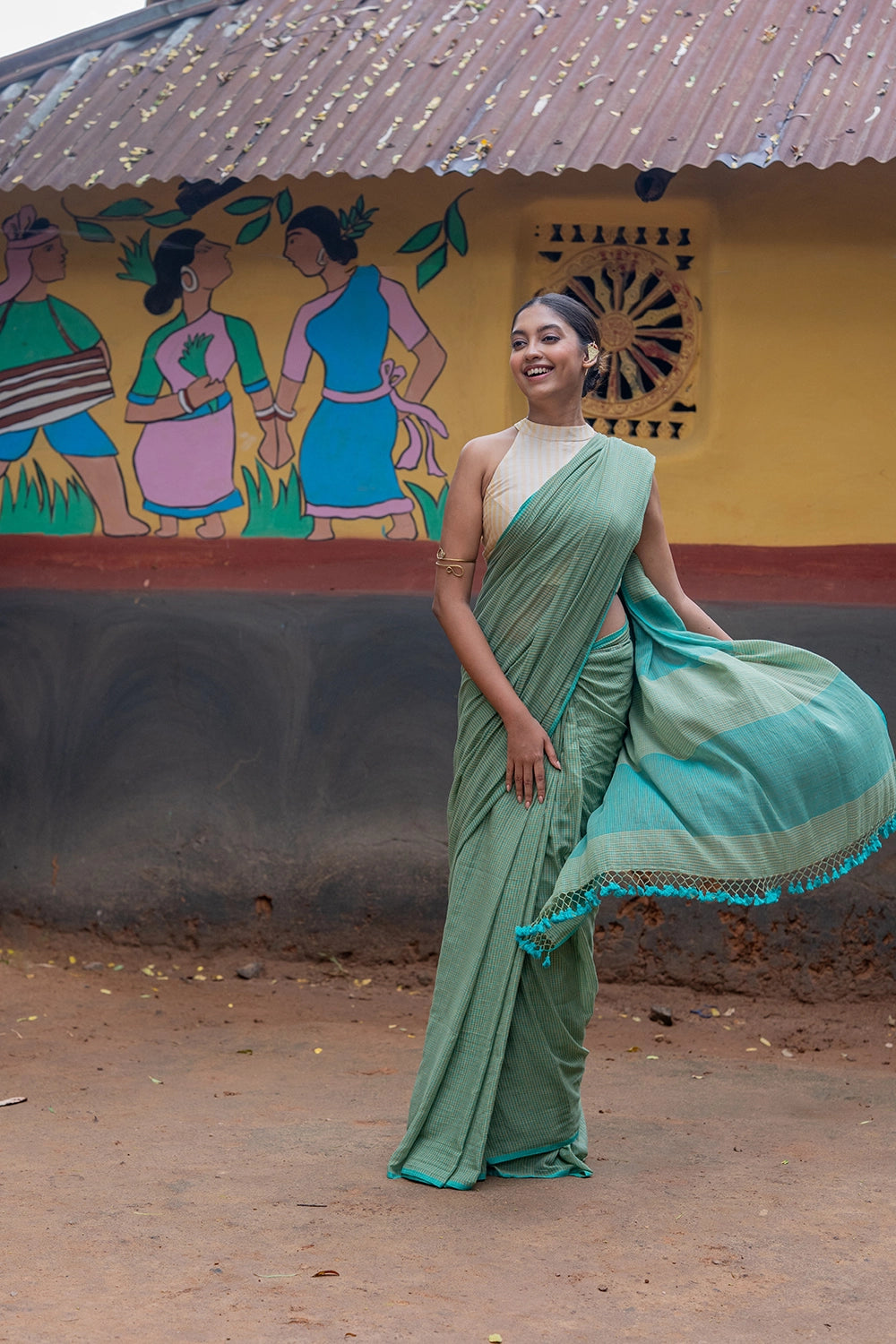 Handloom Sea Green Check Mul Cotton Saree