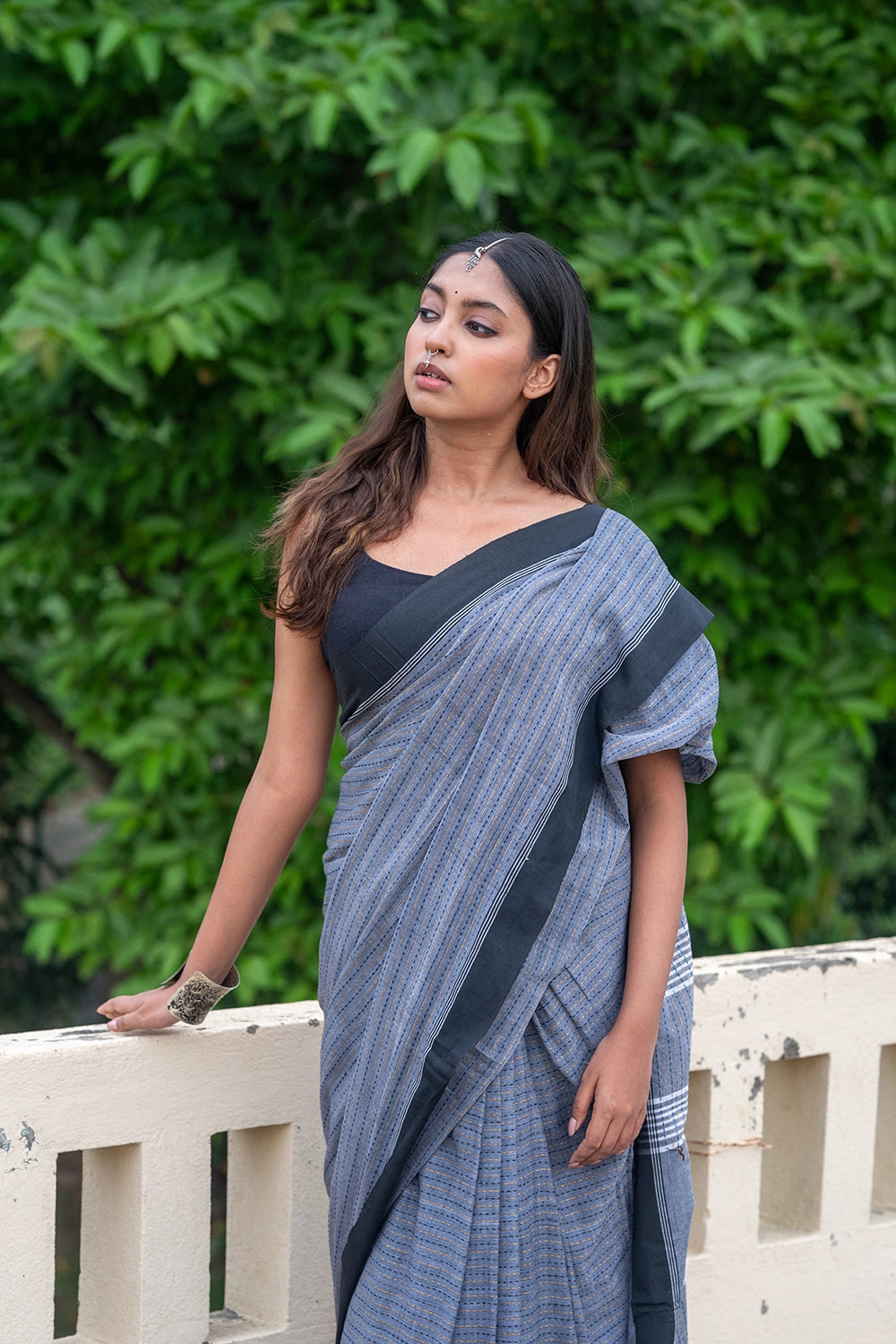 Handloom Grey Pure Cotton Jamdani Saree with Black Border