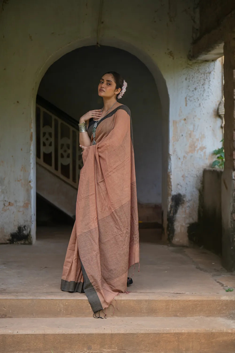 Handloom Light Brown Pure Cotton Saree with Black Border