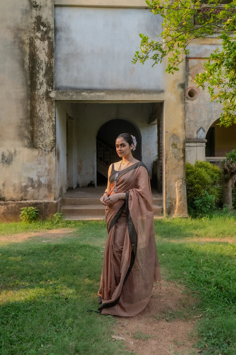 Handloom Light Brown Pure Cotton Saree with Black Border