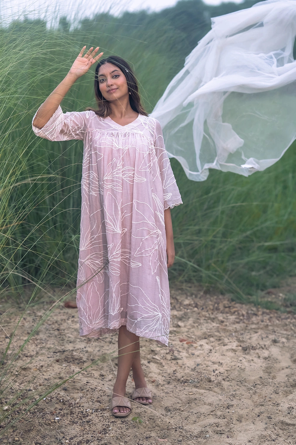 Lily Haze Lavender Mul Chanderi Embriodered Dress