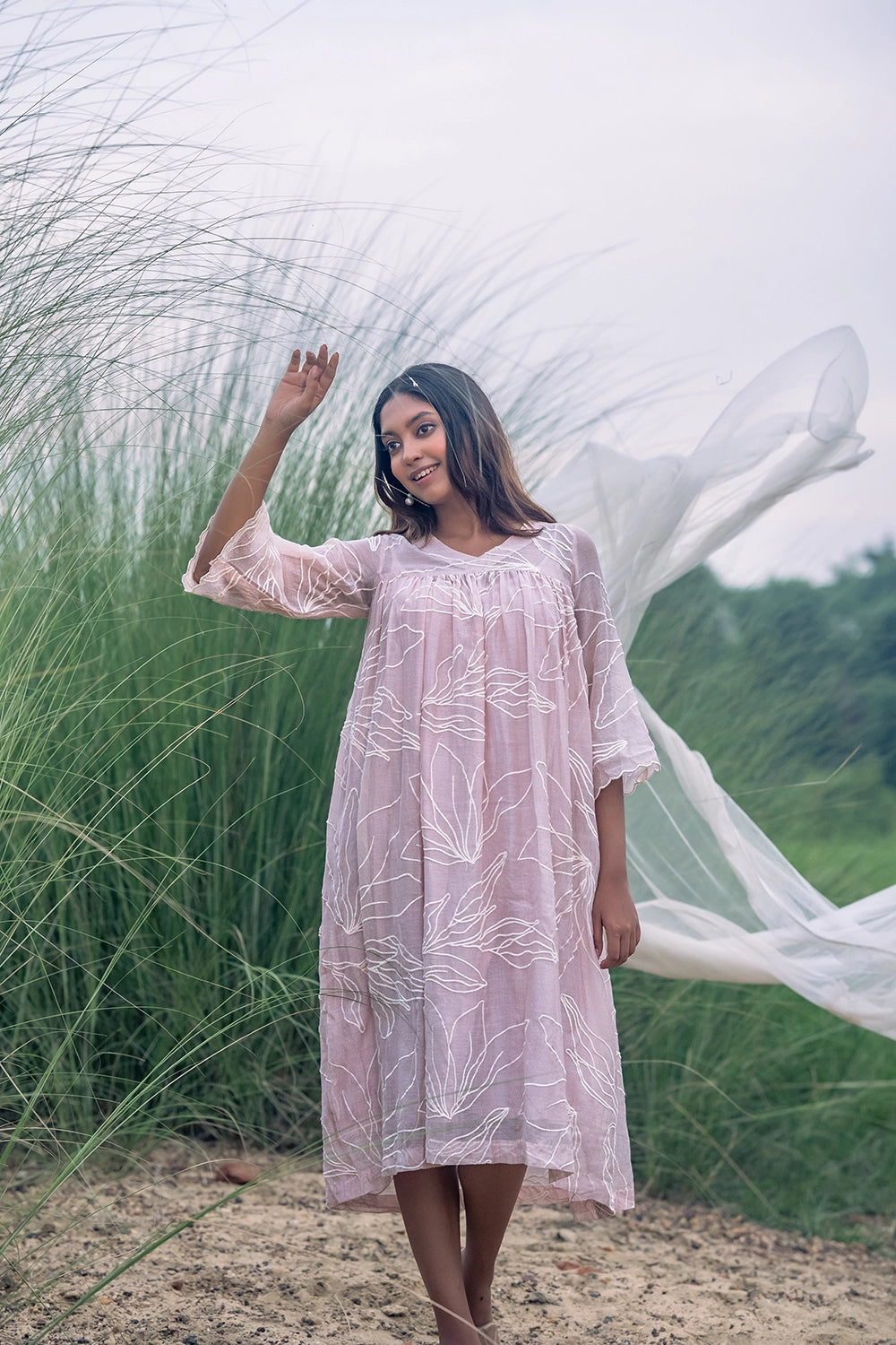 Lily Haze Lavender Mul Chanderi Embriodered Dress