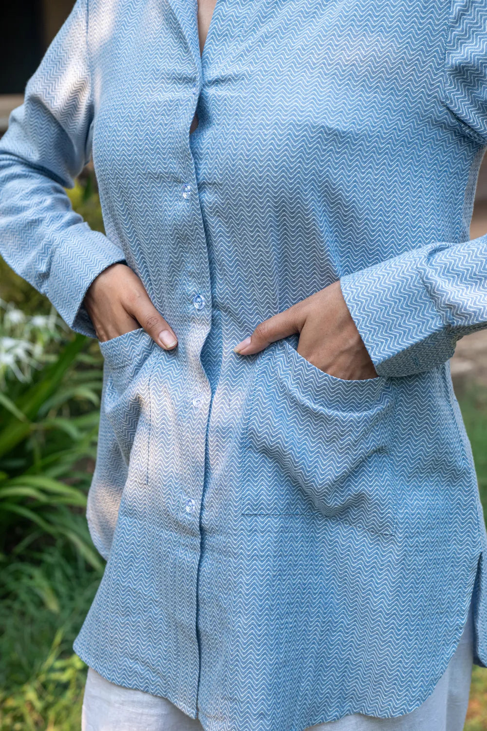 Blue and White Zig Zag Stripes Pure Cotton Shirt