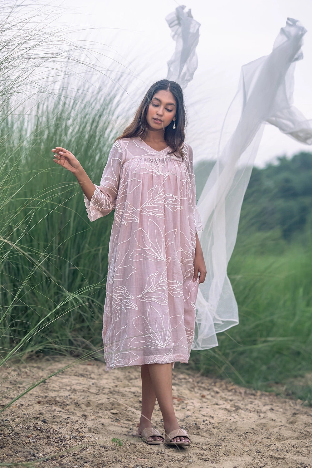 Lily Haze Lavender Mul Chanderi Embriodered Dress
