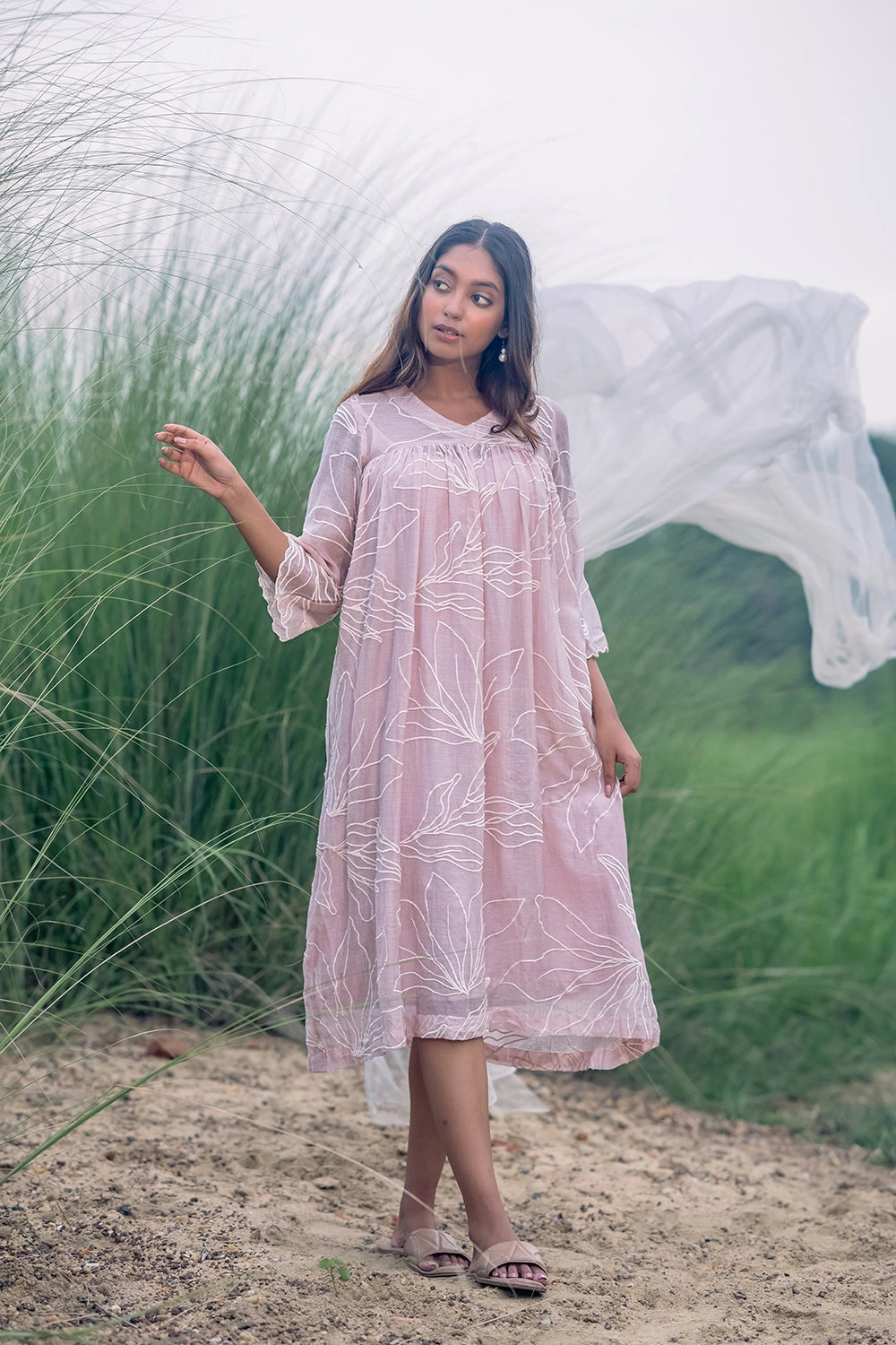 Lily Haze Lavender Mul Chanderi Embriodered Dress