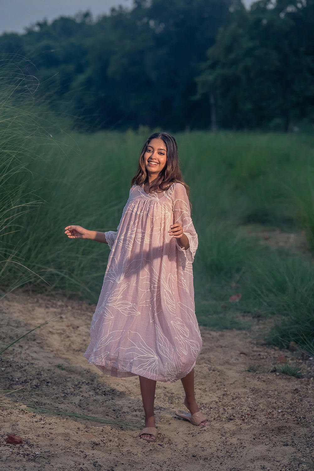 Lily Haze Lavender Mul Chanderi Embriodered Dress