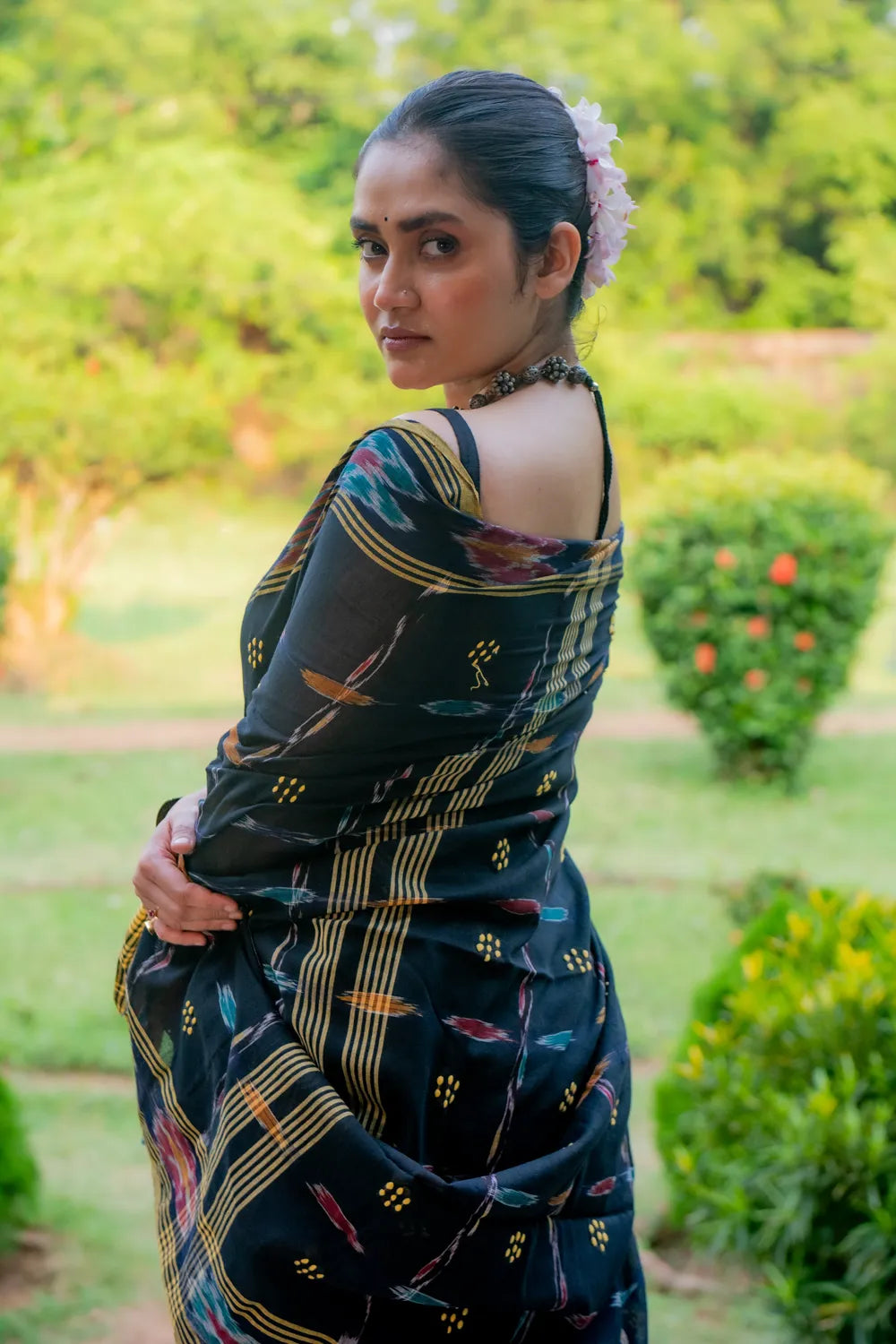 Handloom Black Pure Cotton Saree with Ikkat Border