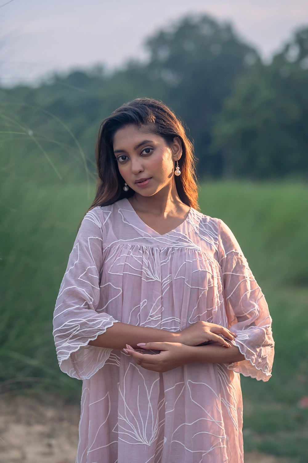 Lily Haze Lavender Mul Chanderi Embriodered Dress