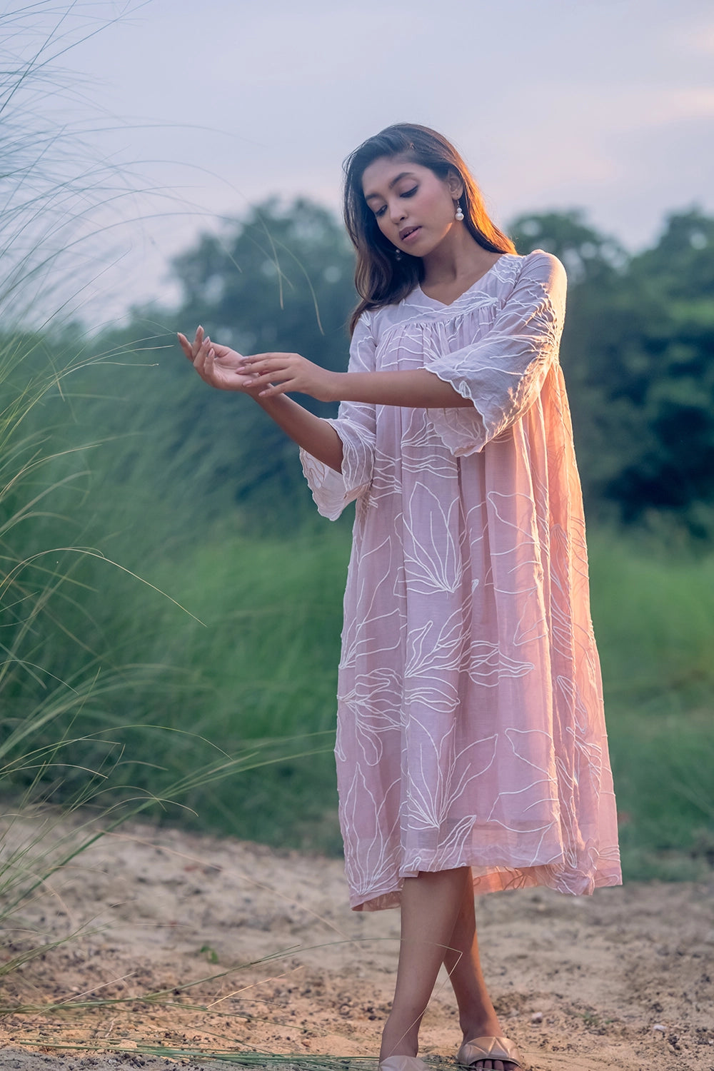Lily Haze Lavender Mul Chanderi Embriodered Dress