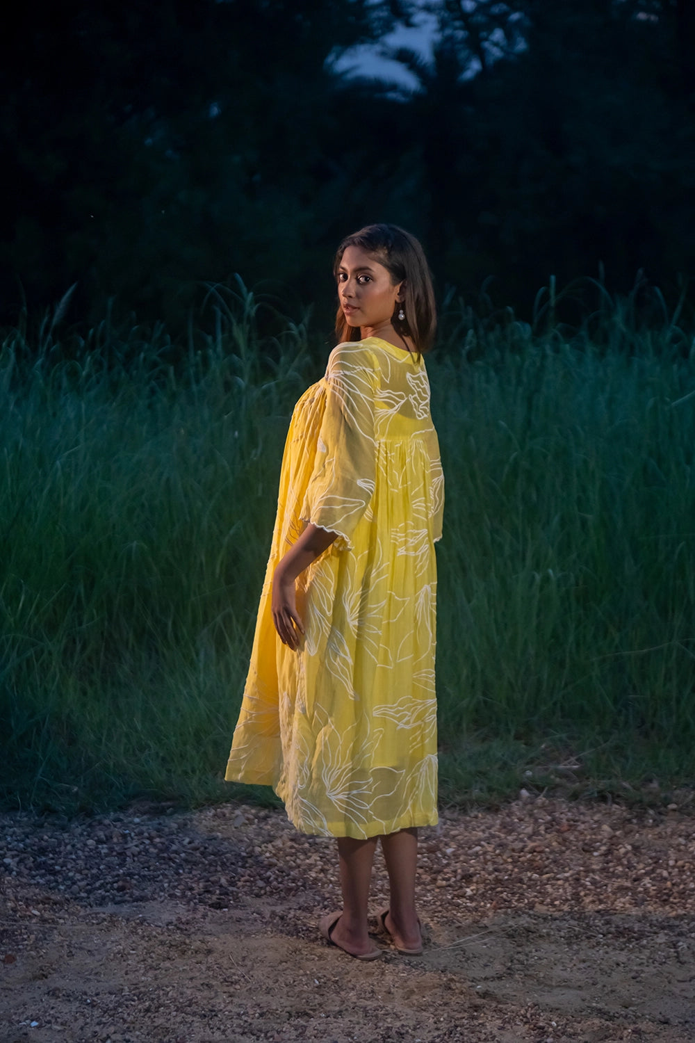 Lemon Light Mul Chanderi Embriodered Dress