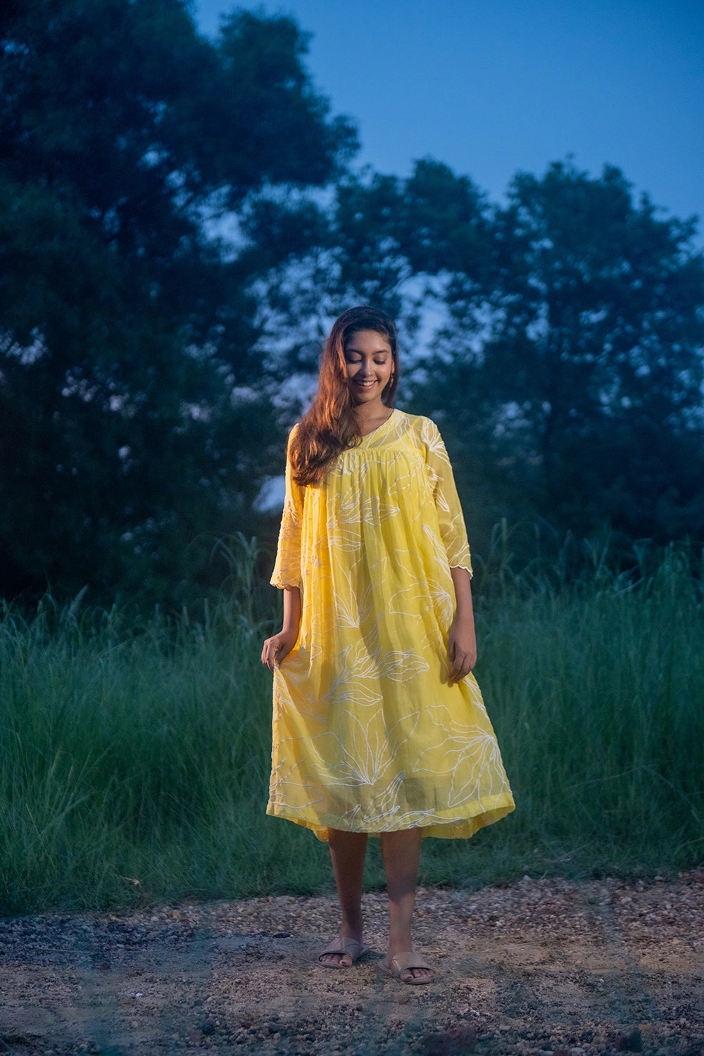 Lemon Light Mul Chanderi Embriodered Dress