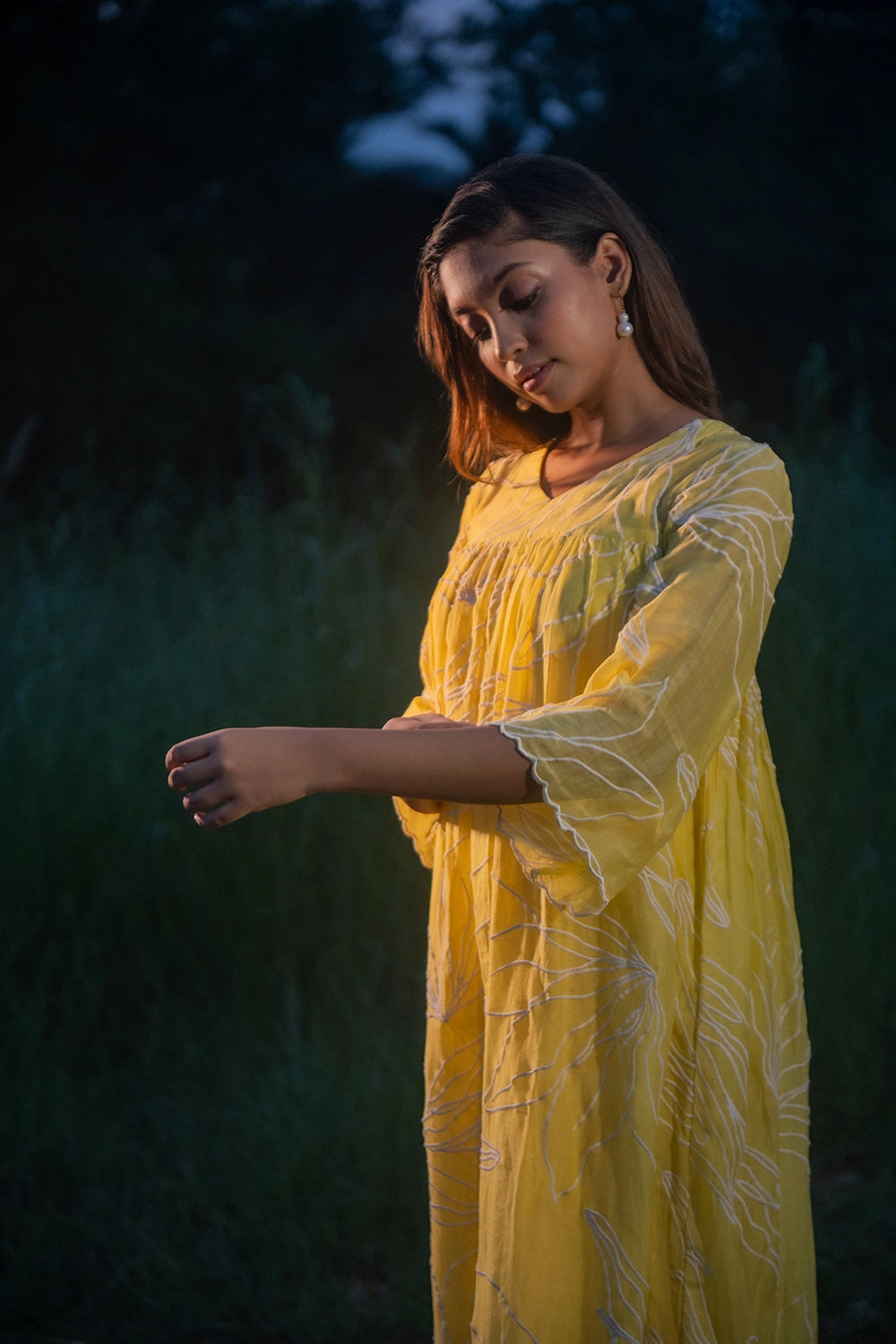 Lemon Light Mul Chanderi Embriodered Dress