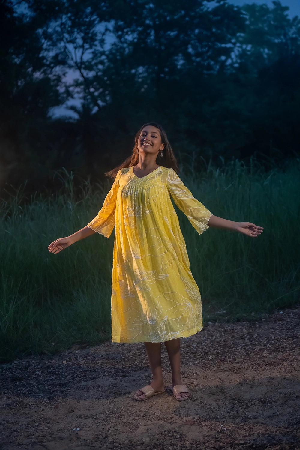 Lemon Light Mul Chanderi Embriodered Dress