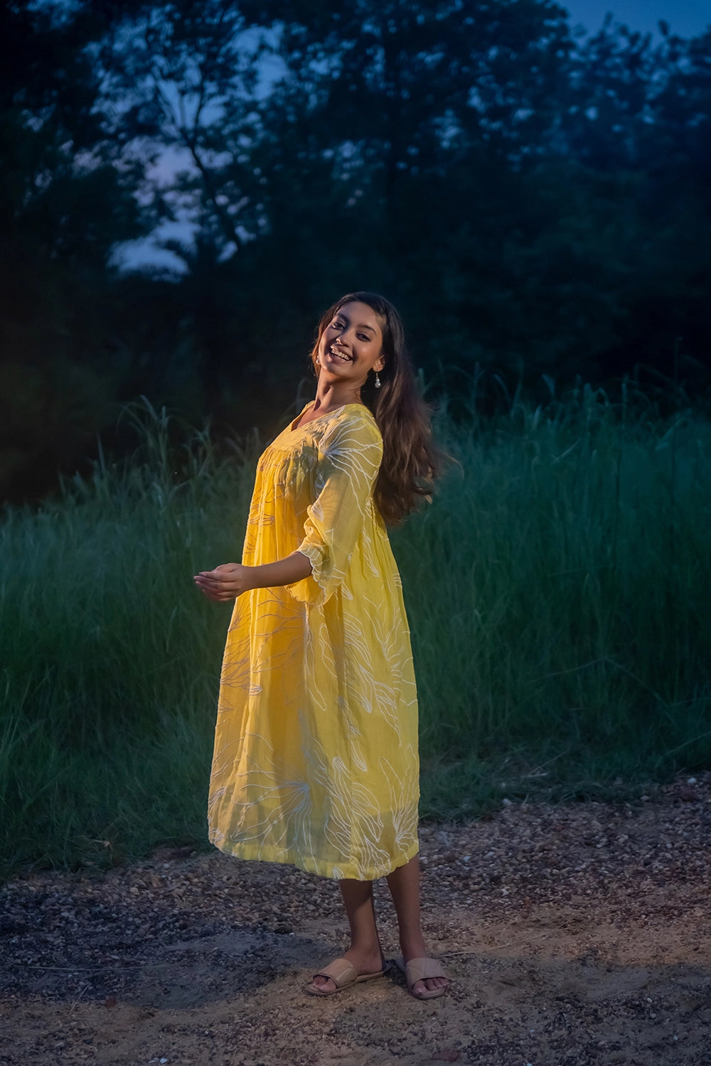 Lemon Light Mul Chanderi Embriodered Dress