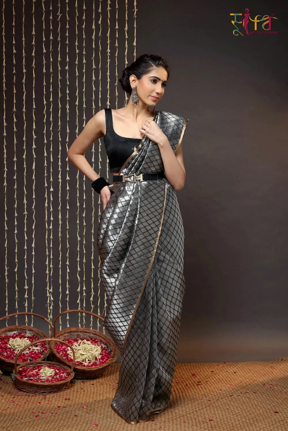 Handloom Silver & Black Chanderi Pure Silk Saree
