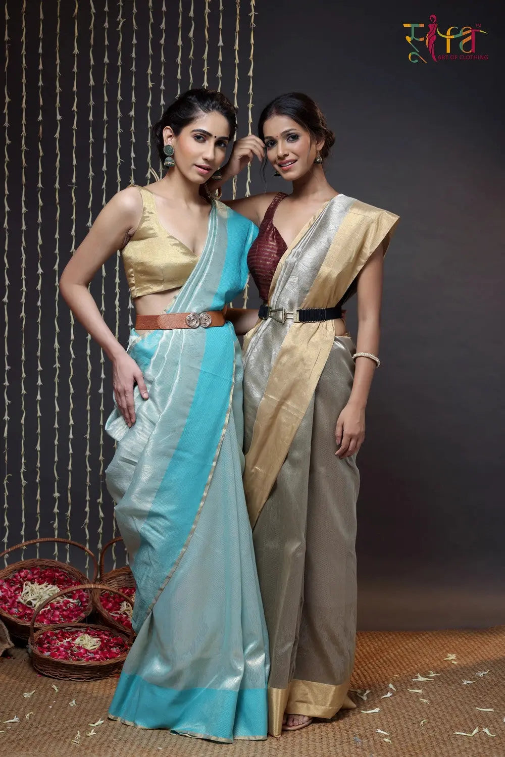 Sea Blue Chanderi pure silk woven with zari motifs
