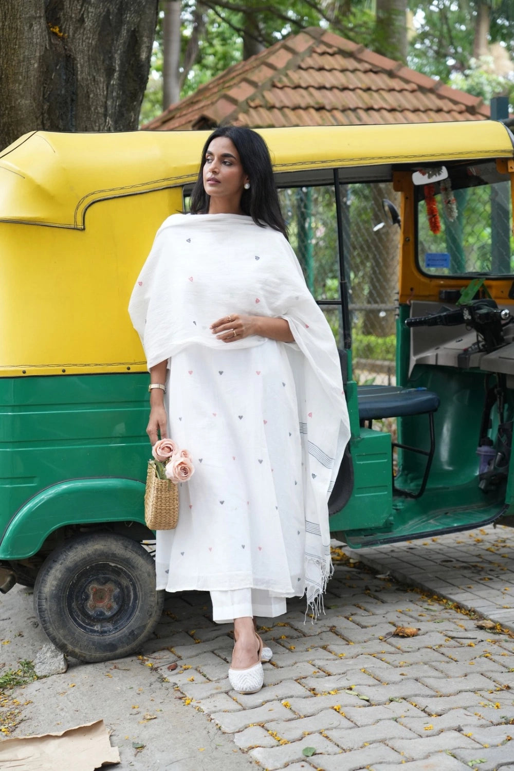 Handloom White Pure Cotton Heart Shape Jamdani Kurta Set With Dupatta