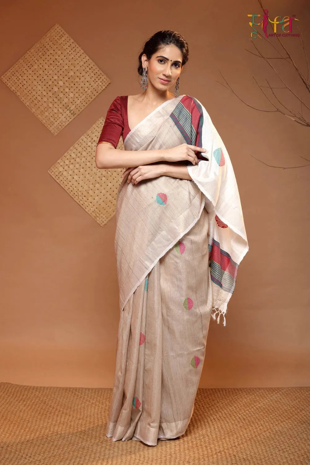 Handloom Beige Tussar Silk Saree With Red And Green Motifs