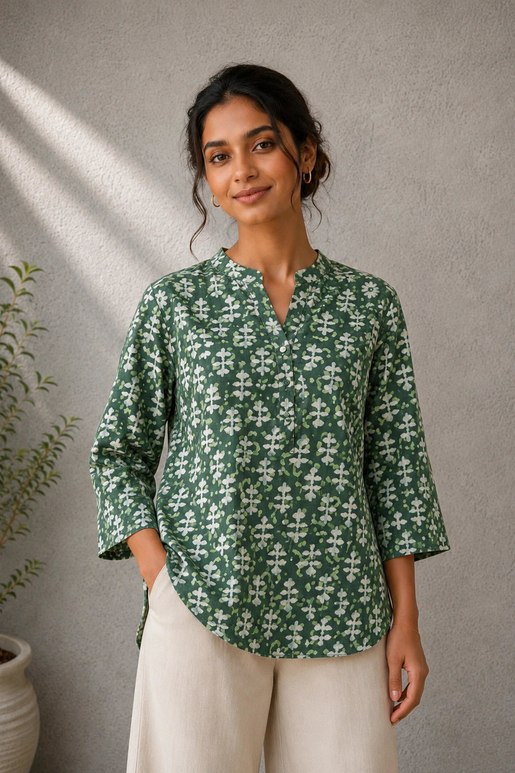 Green Floral Hand Block Print Pure Cotton Top