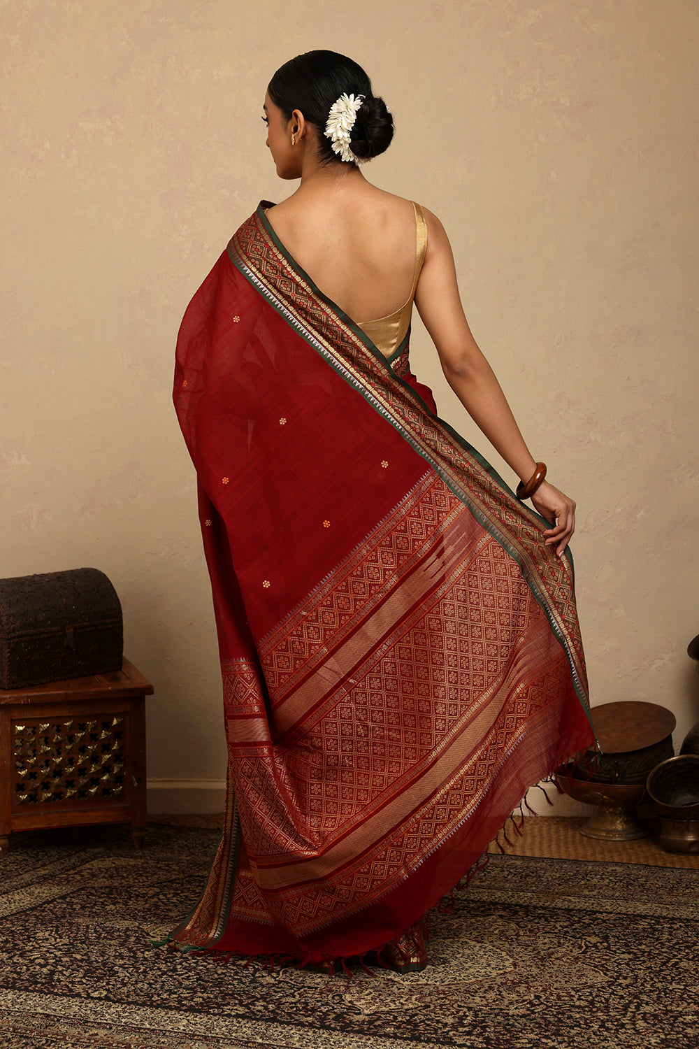 Handloom Maroon Kanchi Cotton Saree with Gold Zari Border