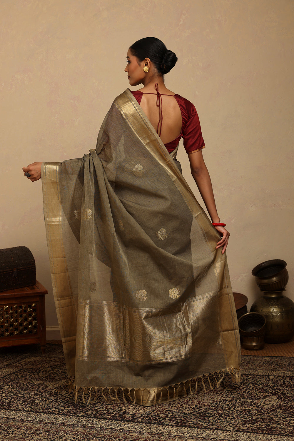 Handloom Warm Grey Kanchi Cotton Saree with Gold Zari Border