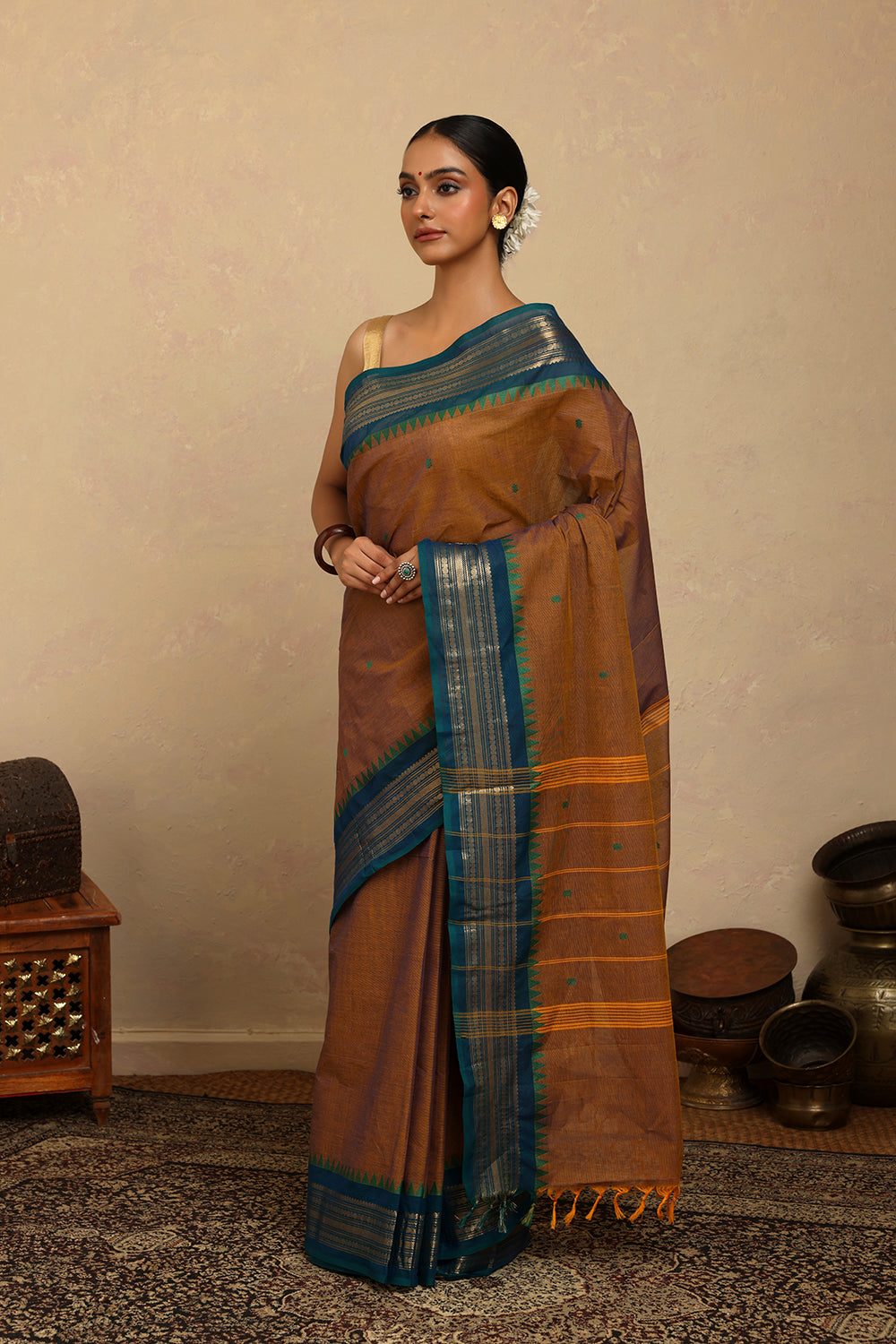 Handloom Mustard Duo Tone Kanchi Cotton Saree