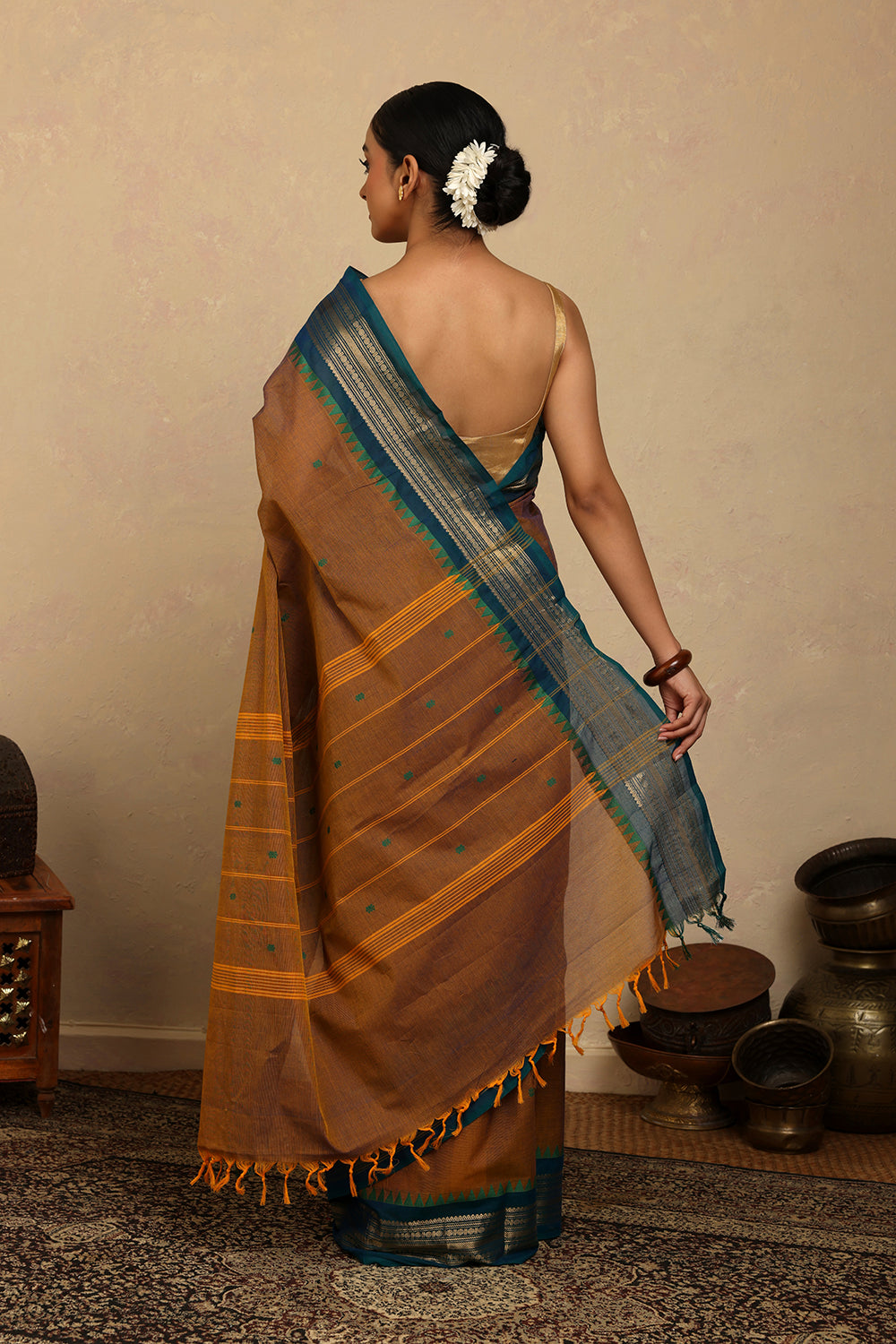 Handloom Mustard Duo Tone Kanchi Cotton Saree
