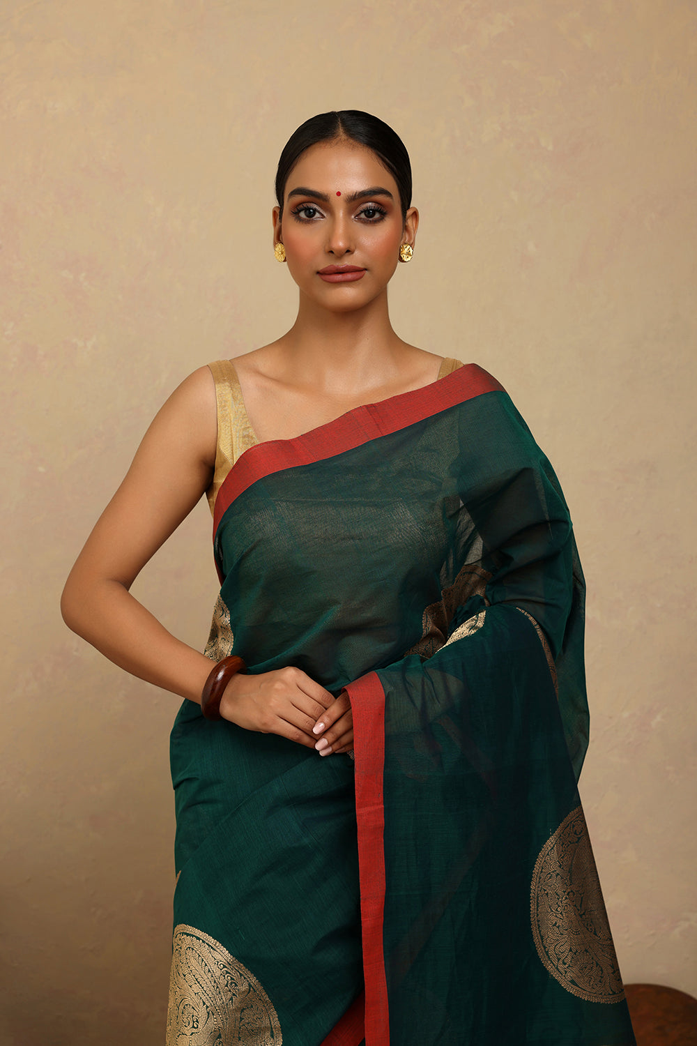 Handloom Dark Green Coin Motifs Kanchi Cotton Saree
