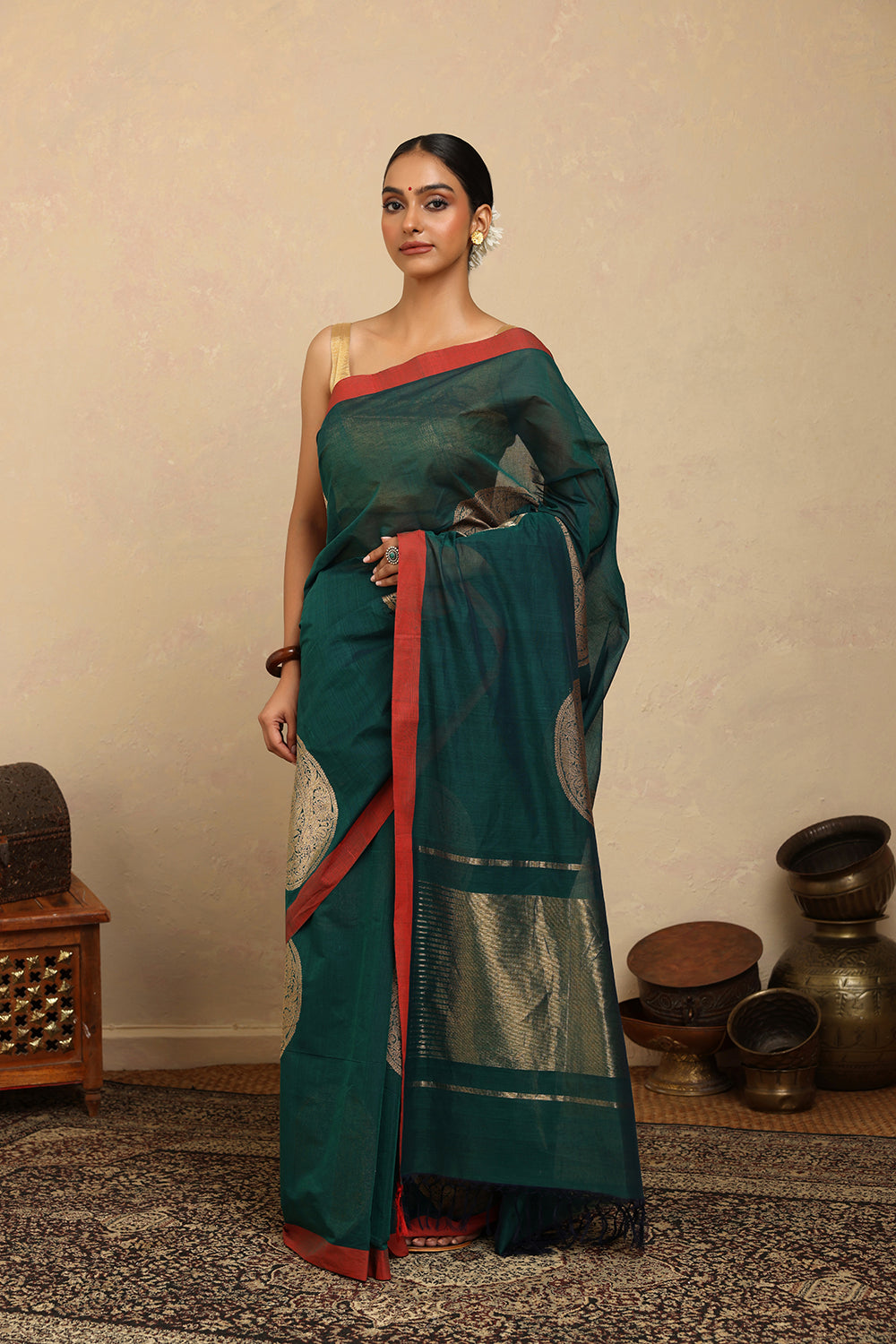 Handloom Dark Green Coin Motifs Kanchi Cotton Saree