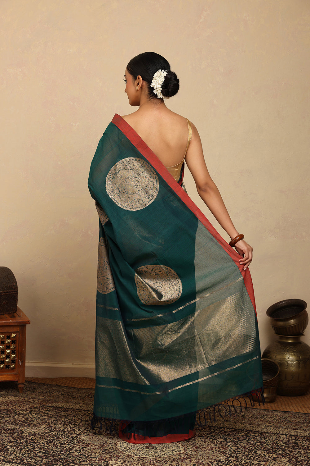 Handloom Dark Green Coin Motifs Kanchi Cotton Saree