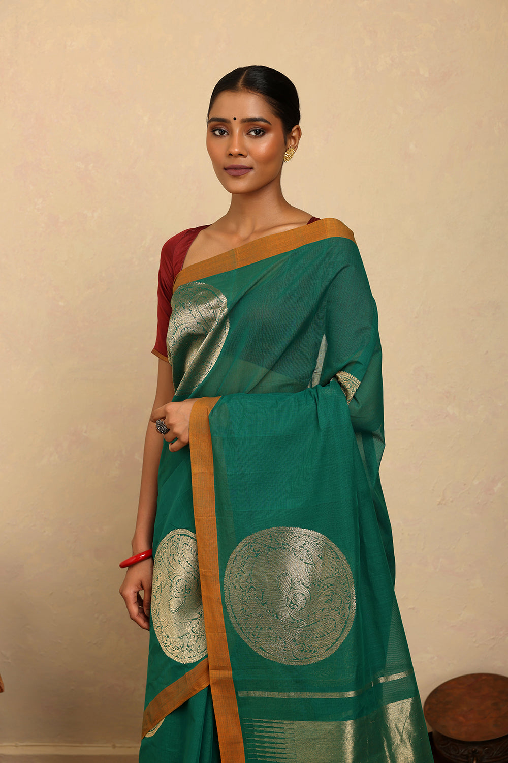 Handloom Spring Green Coin Motifs Kanchi Cotton Saree