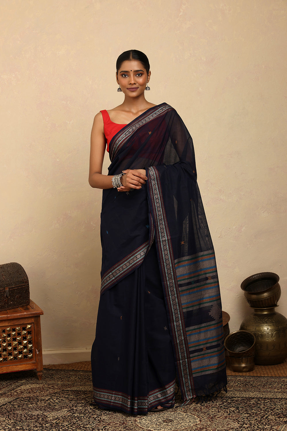 Handloom Navy Blue Kanchi Cotton Saree with Woven Border