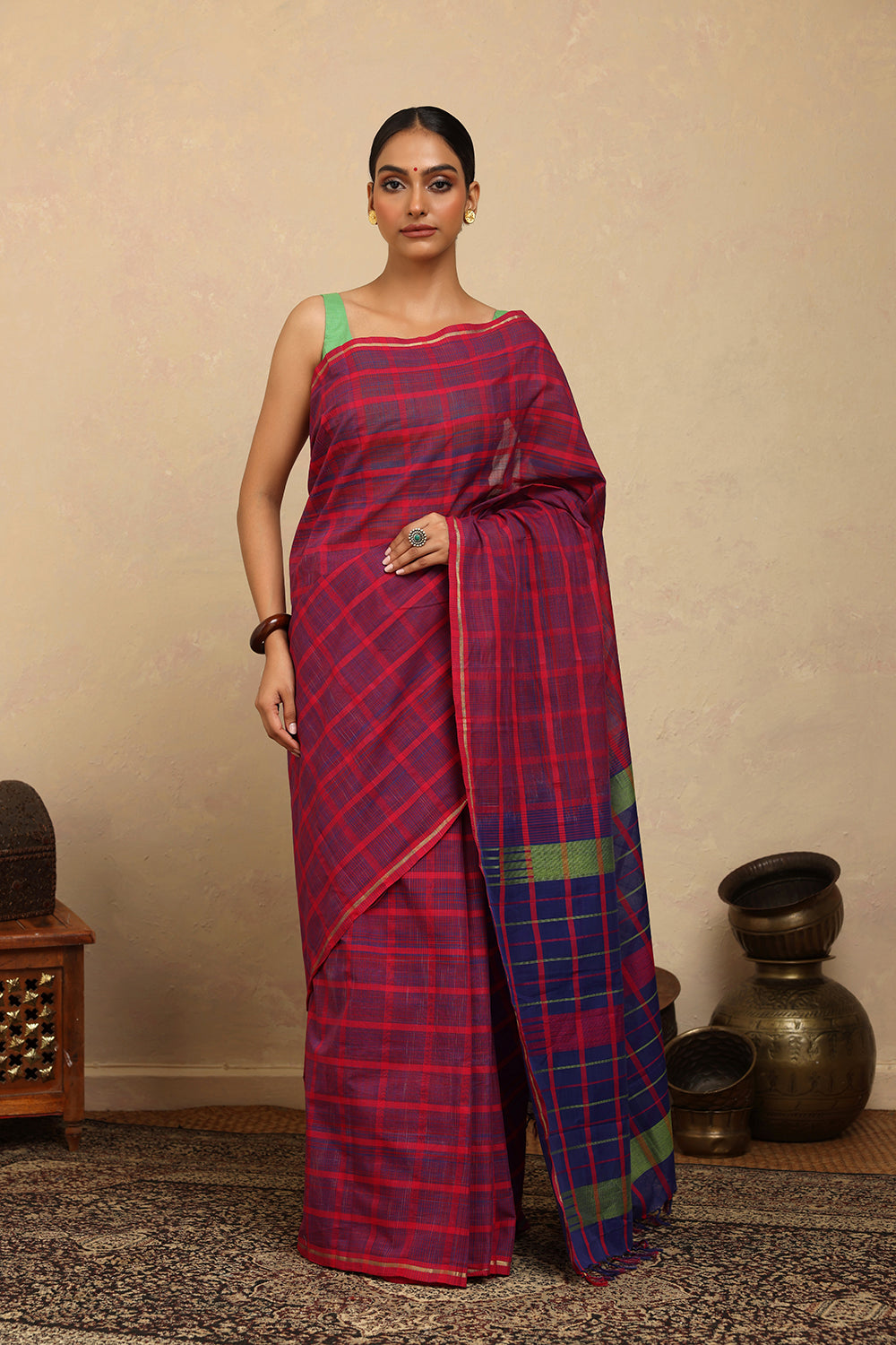 Handloom Hot Pink & Blue Check Kanchi Cotton Saree