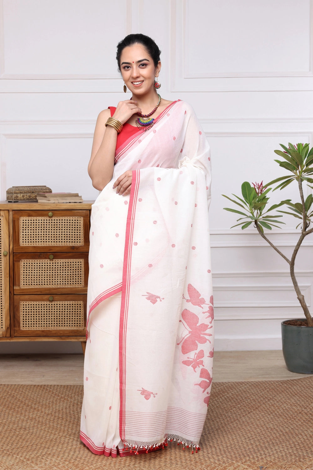 Handloom White & Red Soft Cotton Jamdani with Butterfly Motifs