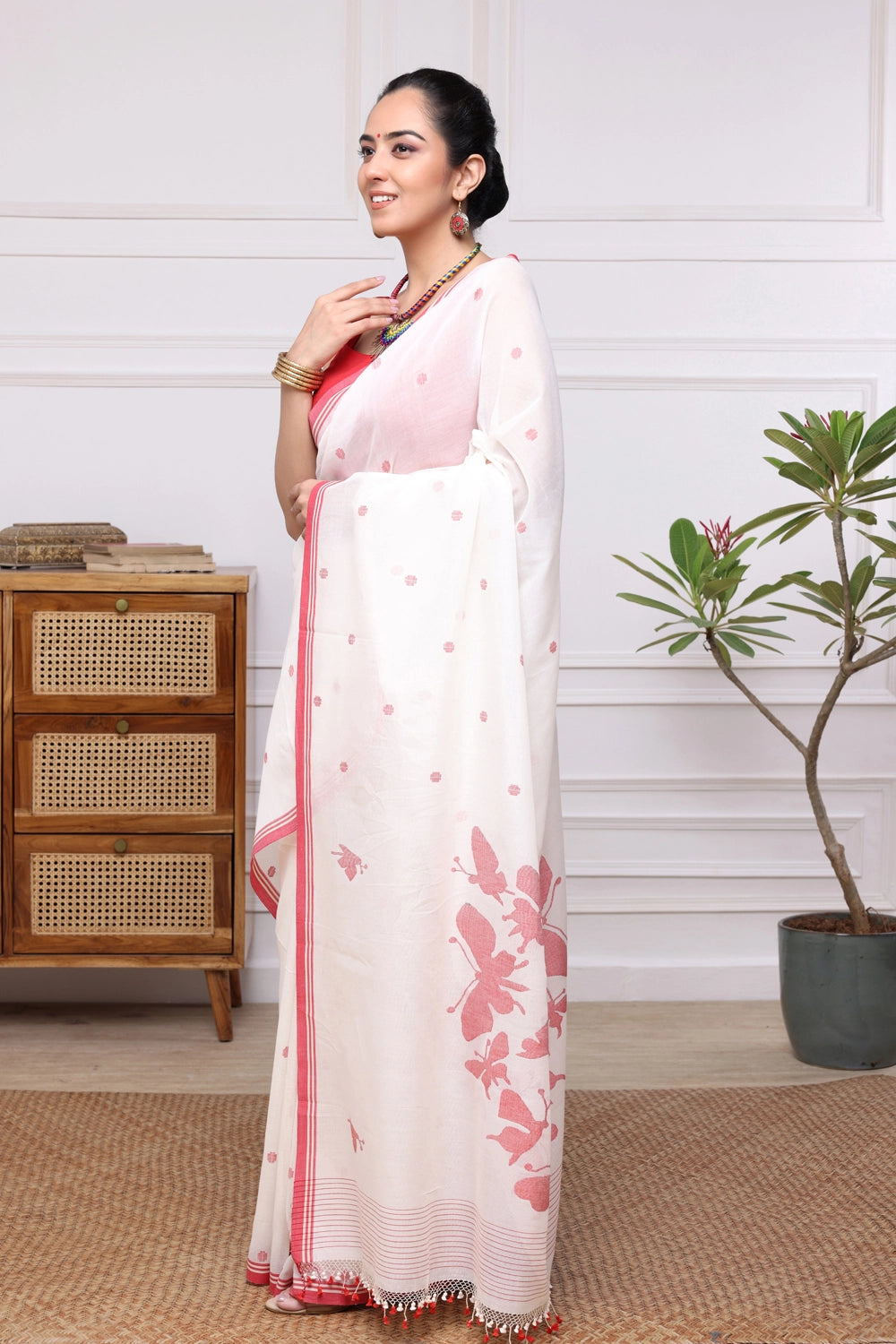 Handloom White & Red Soft Cotton Jamdani with Butterfly Motifs