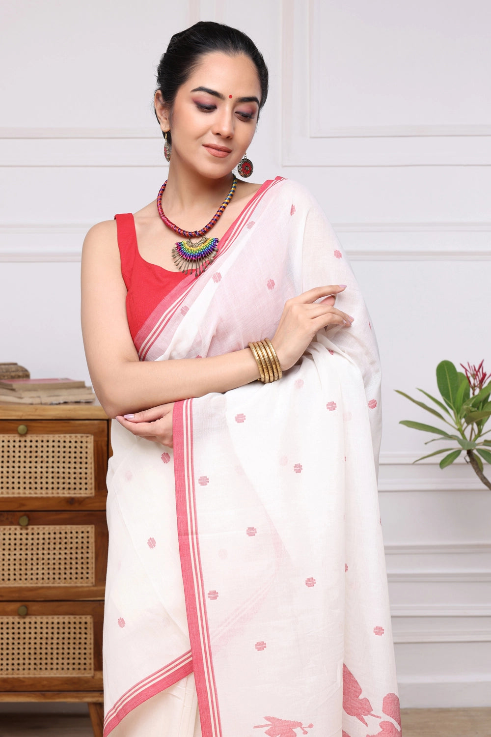 Handloom White & Red Soft Cotton Jamdani with Butterfly Motifs