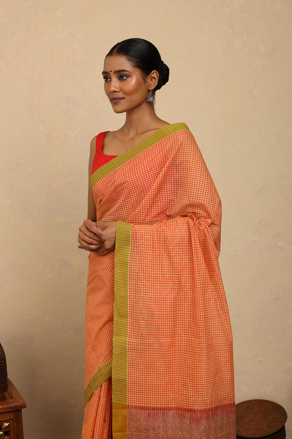 Handloom Soft Orange Mini Checks Kanchi Cotton Saree
