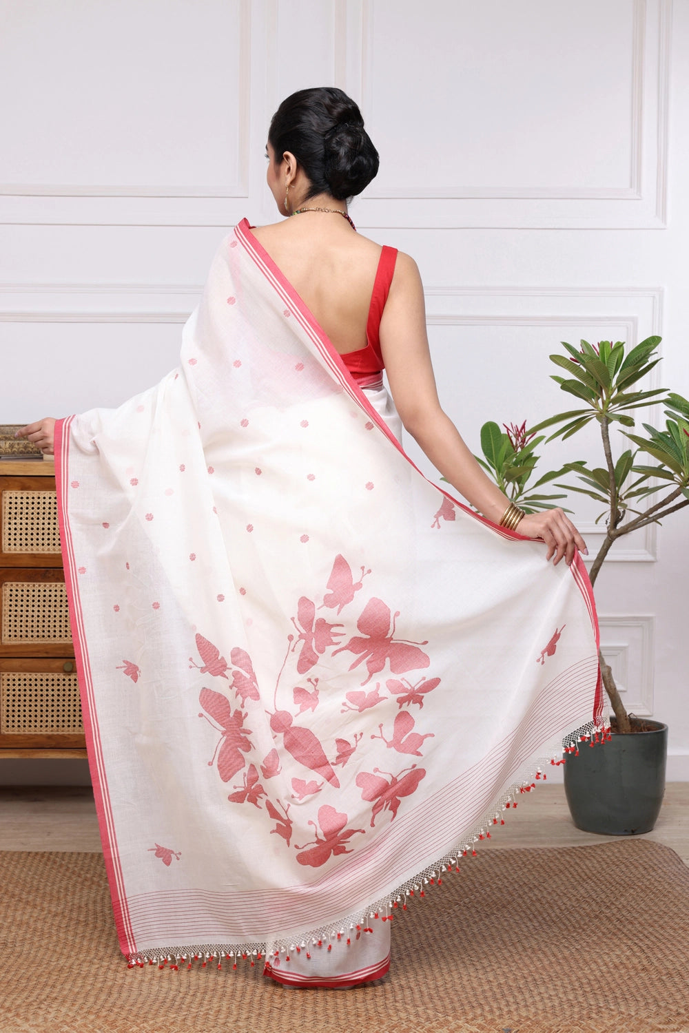 Handloom White & Red Soft Cotton Jamdani with Butterfly Motifs
