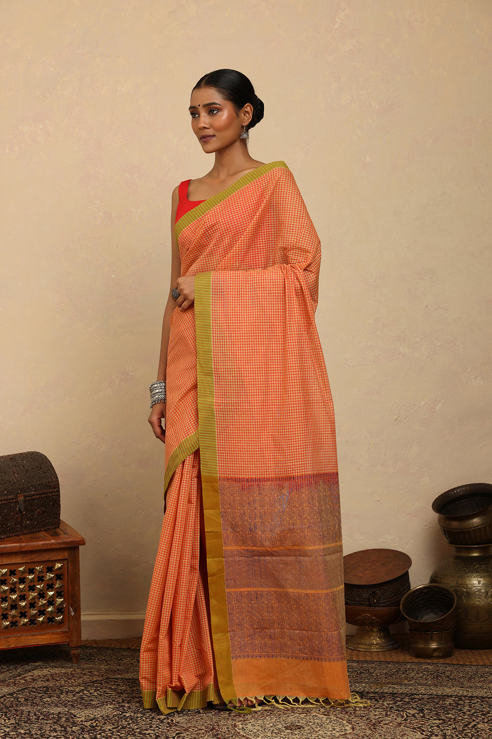 Handloom Soft Orange Mini Checks Kanchi Cotton Saree