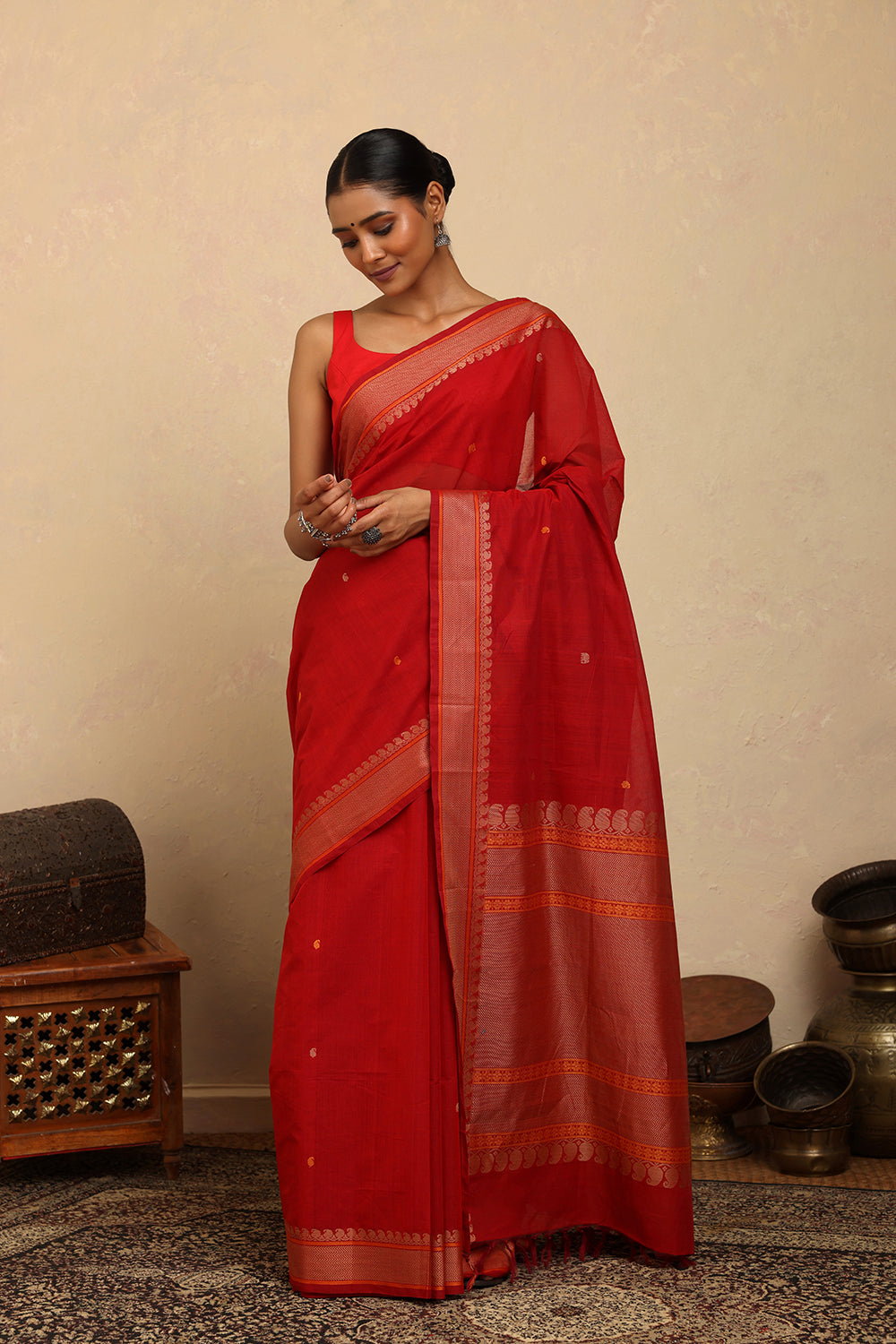 Handloom Scarlet Red Kanchi Cotton Saree