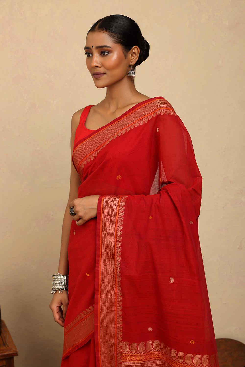 Handloom Scarlet Red Kanchi Cotton Saree
