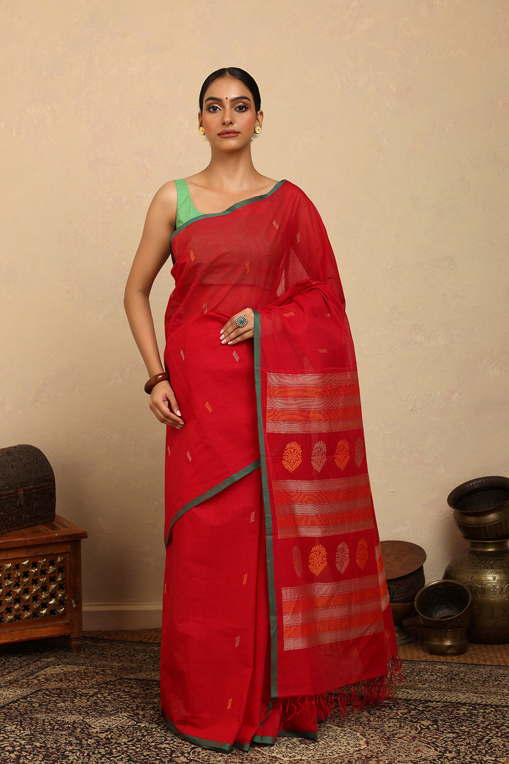 Handloom Rose Red Kanchi Cotton Saree