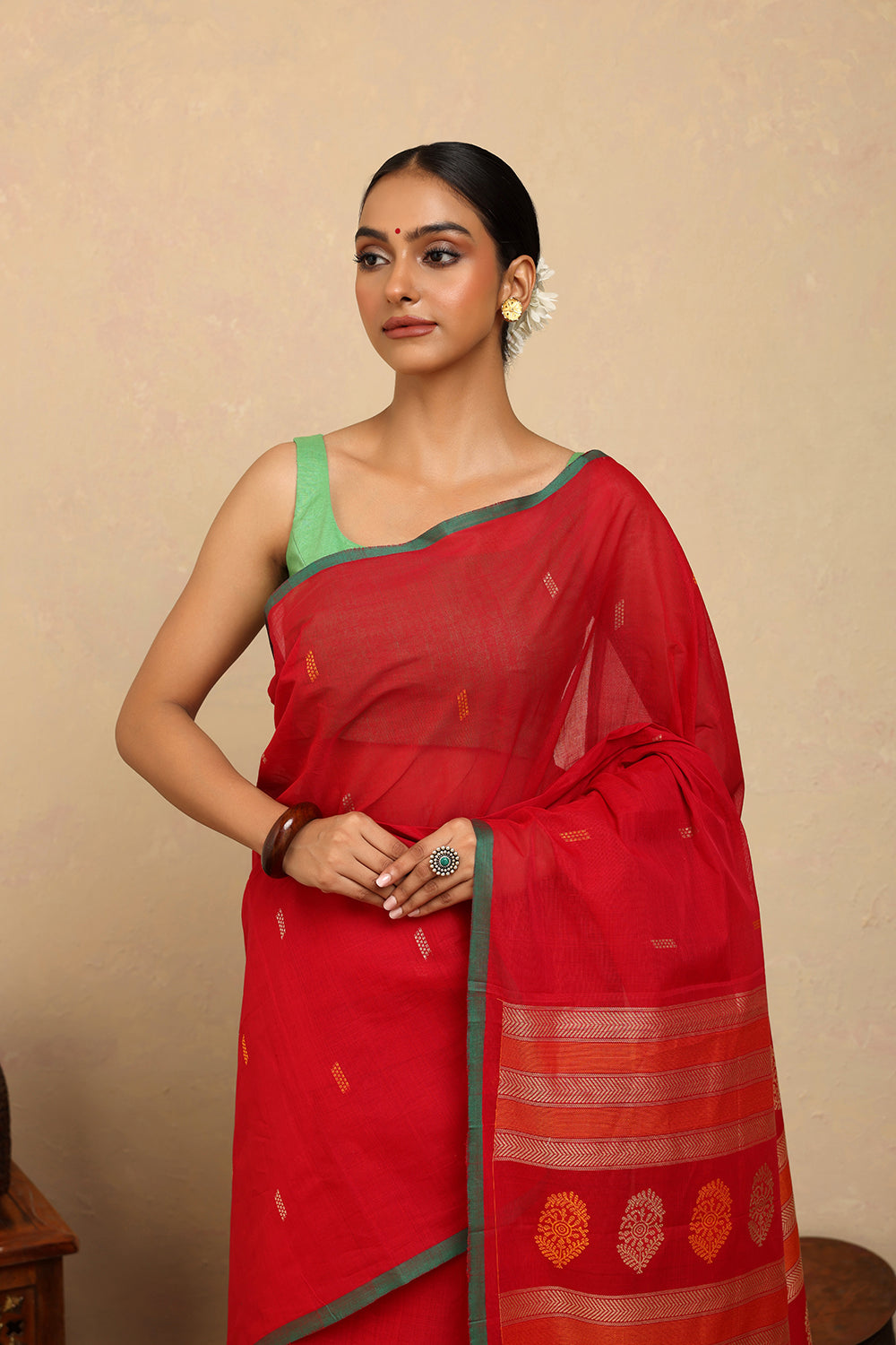 Handloom Rose Red Kanchi Cotton Saree