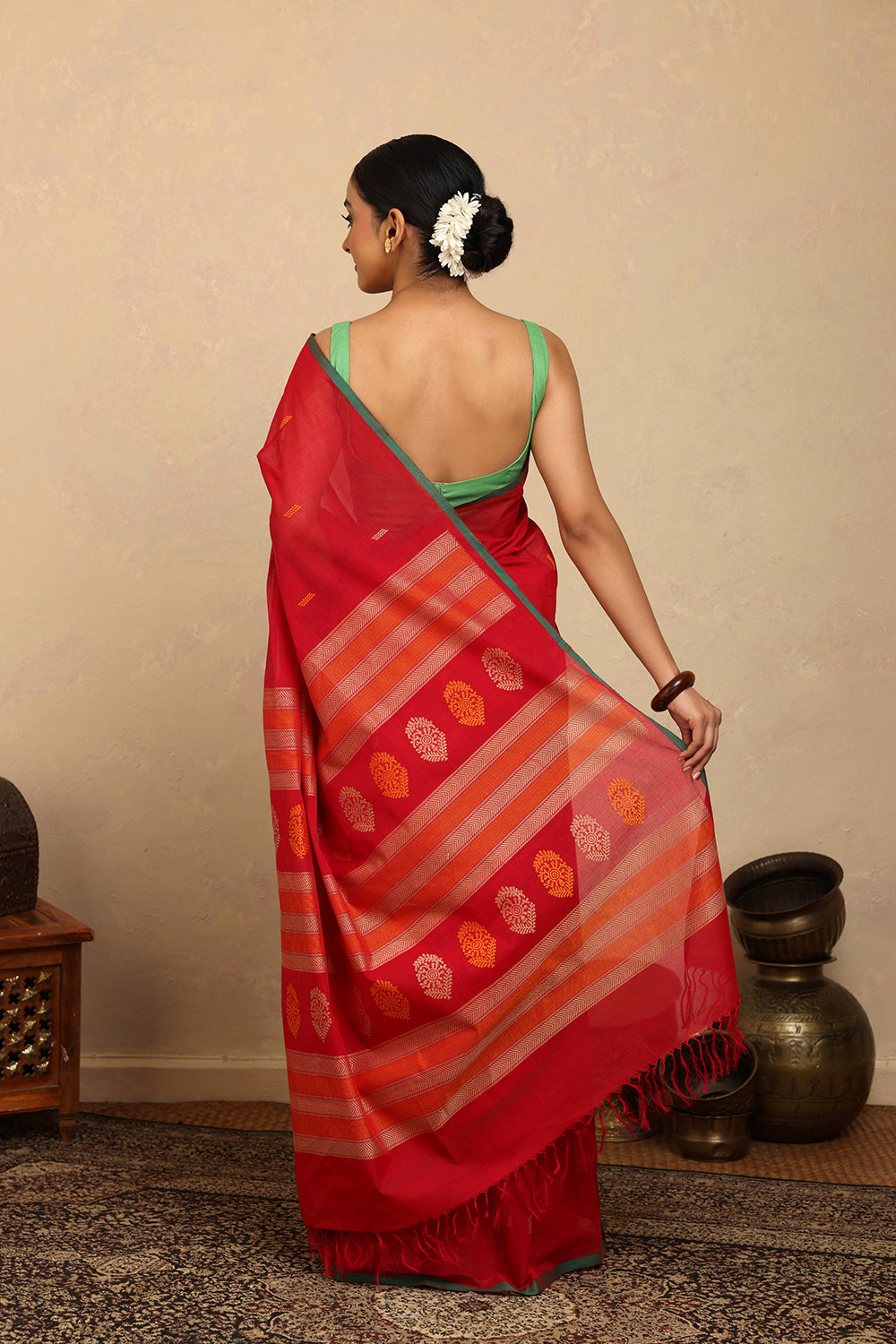 Handloom Rose Red Kanchi Cotton Saree