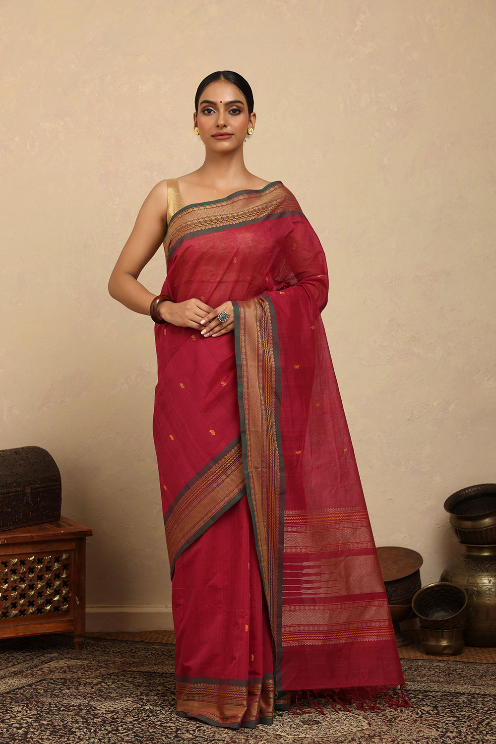 Handloom Pink Kanchi Cotton Saree with Woven Border