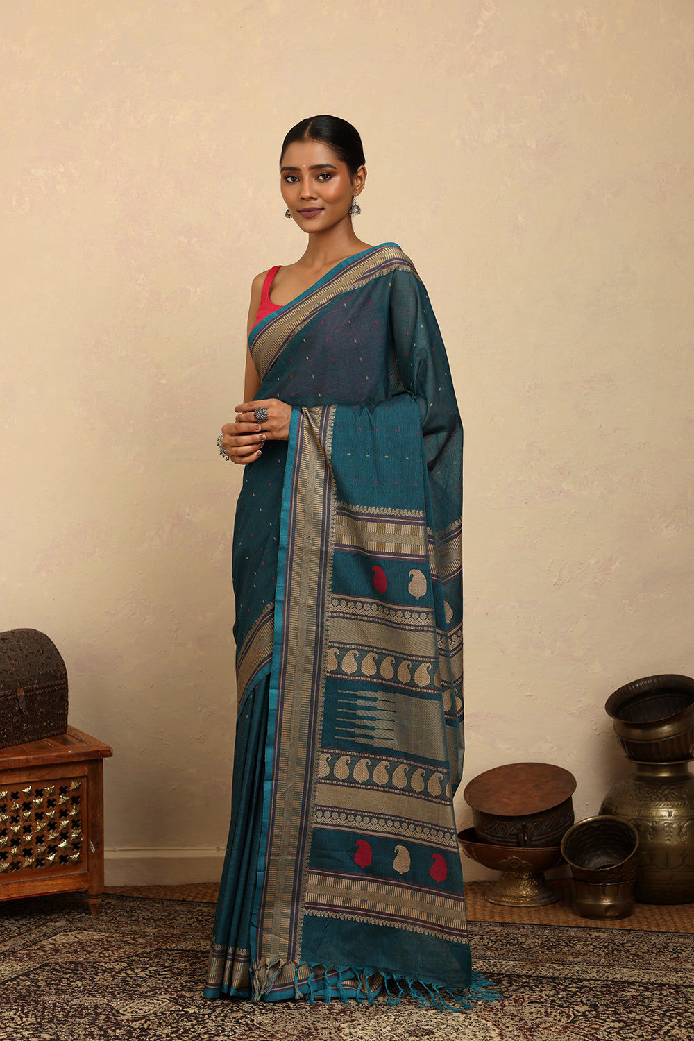 Handloom Pine Green Kanchi Cotton Saree