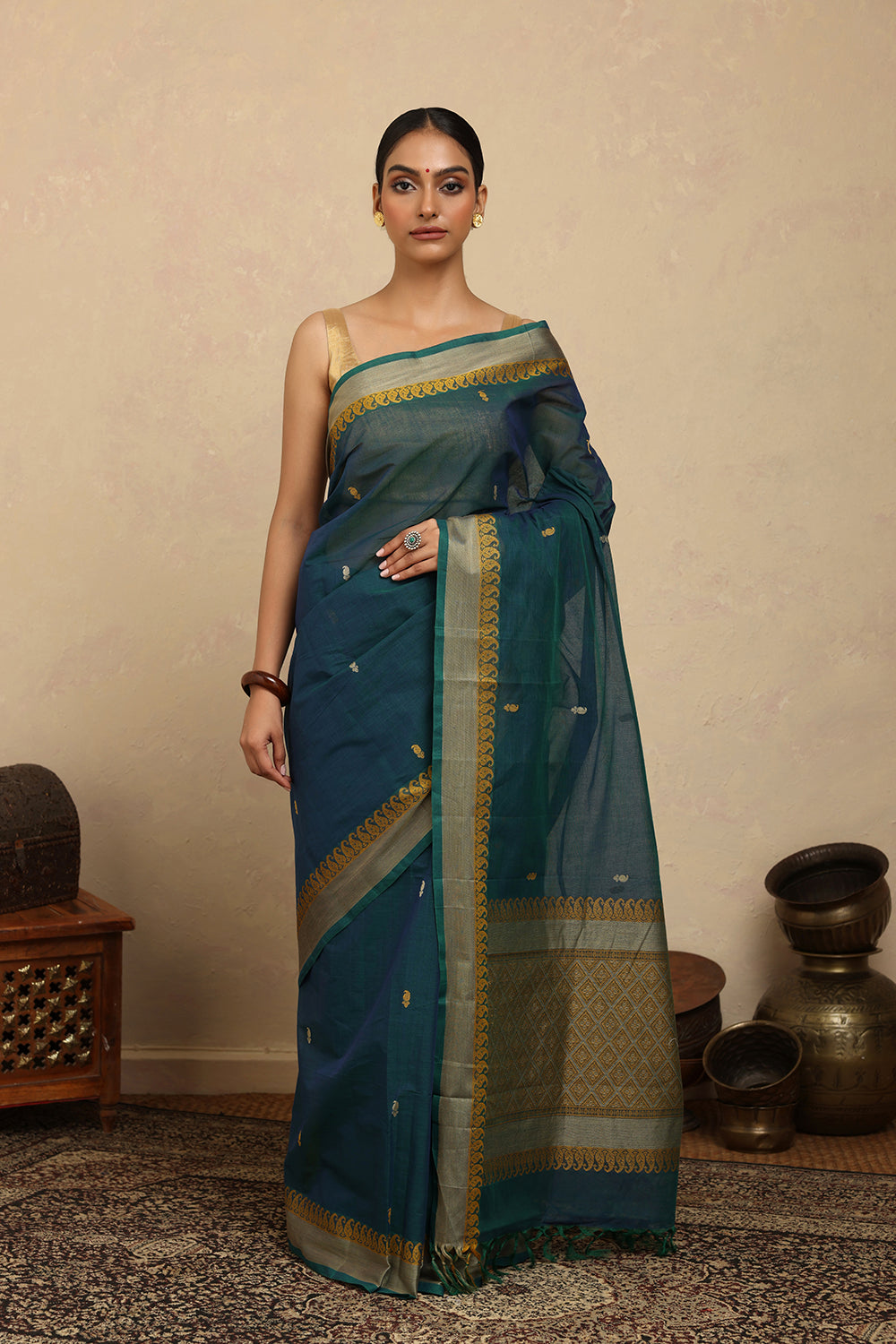 Handloom Blue Green Kanchi Cotton Saree