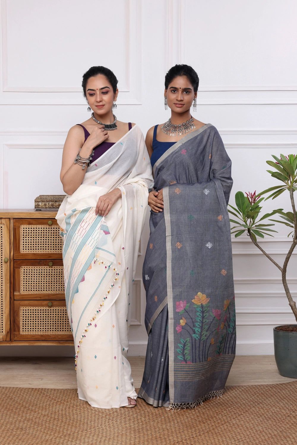 Handloom Grey Soft Cotton Jamdani with Multi Colour Floral Motifs