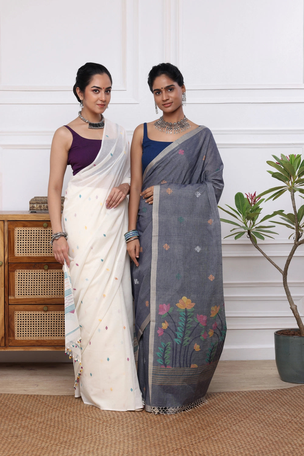 Handloom Grey Soft Cotton Jamdani with Multi Colour Floral Motifs