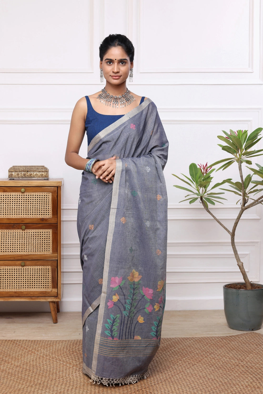 Handloom Grey Soft Cotton Jamdani with Multi Colour Floral Motifs